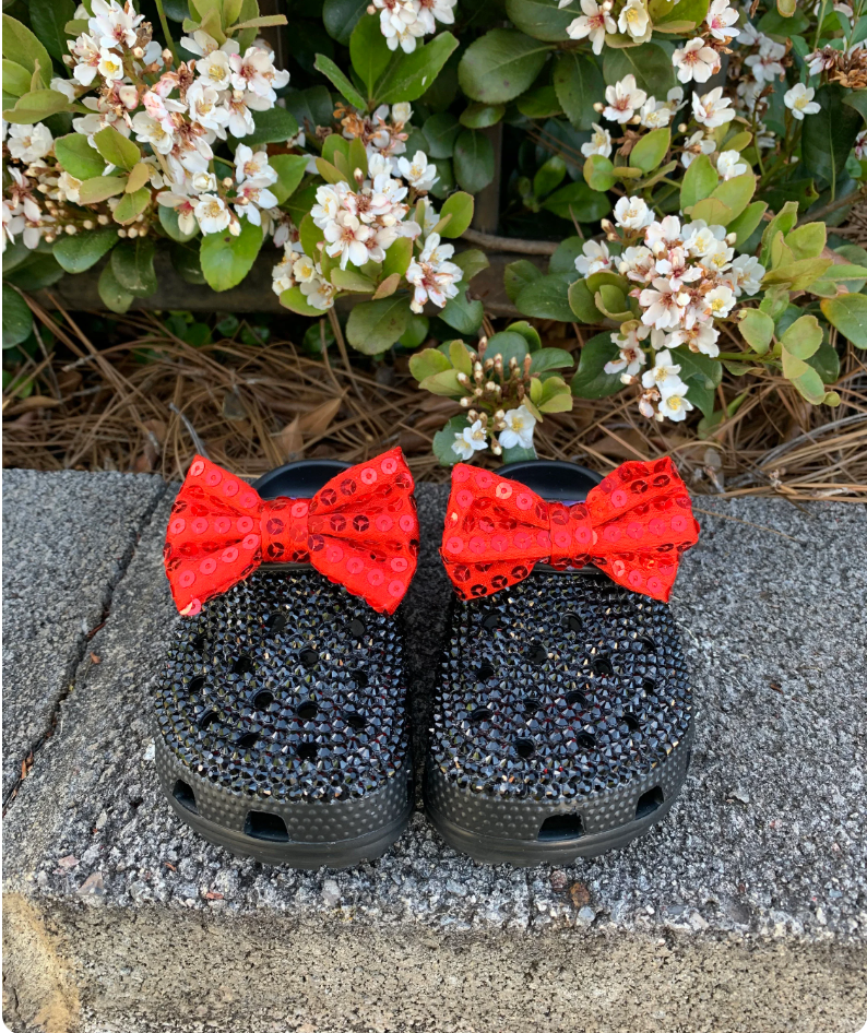 Rhinestone Toddler Clogs with Red/ Black Bow – Sparkle Slip-On Baby & Toddler Shoes
