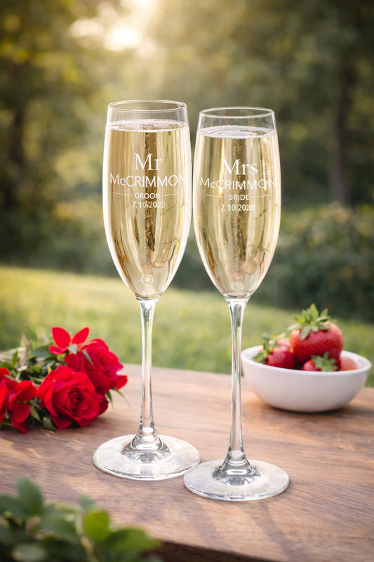 Mr. & Mrs. Personalized Wedding Champagne Flutes - Elegant 8oz Custom Engraved Toasting Glass Set