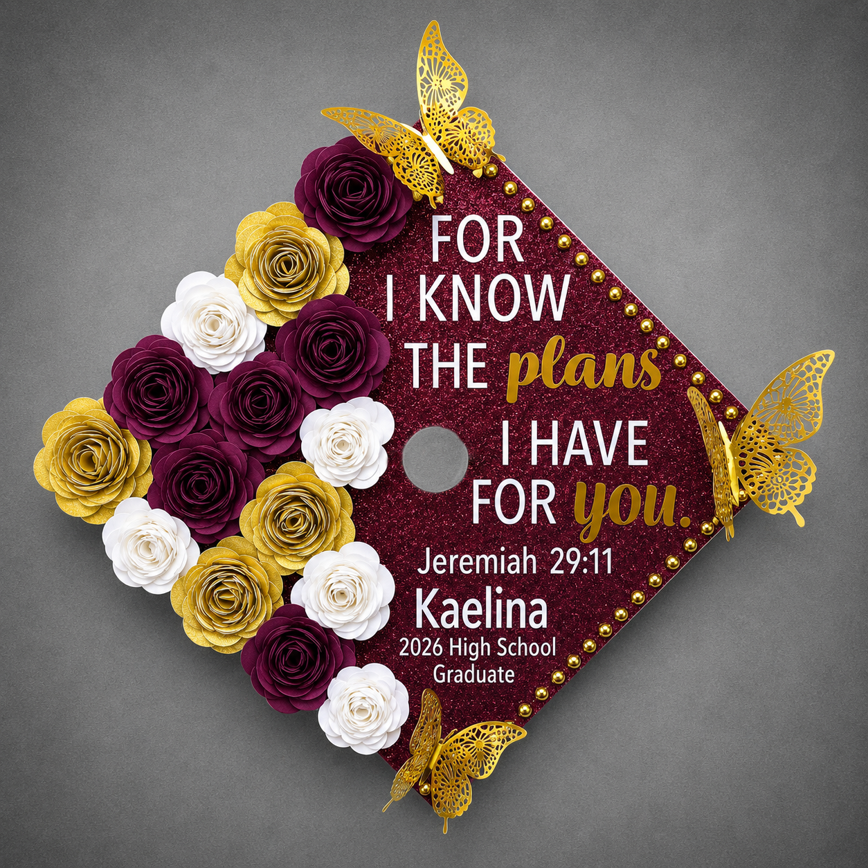 High School Jeremiah 29:11 Graduation Cap Topper | Burgundy & Gold Grad Cap Decoration | Custom High School Graduation Cap | Christian Senior Grad Cap Design
