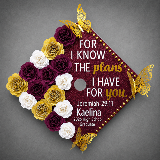 High School Jeremiah 29:11 Graduation Cap Topper | Burgundy & Gold Grad Cap Decoration | Custom High School Graduation Cap | Christian Senior Grad Cap Design