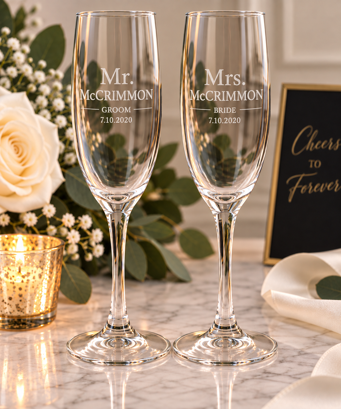 Mr. & Mrs. Personalized Wedding Champagne Flutes - Elegant 8oz Custom Engraved Toasting Glass Set