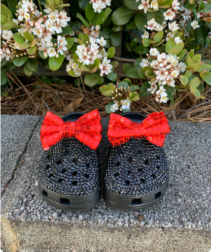 Rhinestone Toddler Clogs with Red/ Black Bow – Sparkle Slip-On Baby & Toddler Shoes