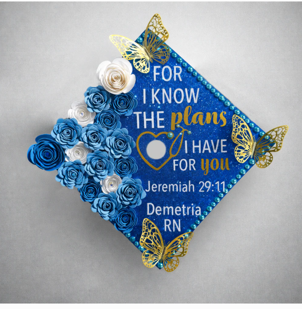 Jeremiah 29:11 Graduation Cap Topper | Nursing Grad Cap Decoration | RN Graduation Cap | Christian Grad Cap Design | Blue Glitter Cap Topper