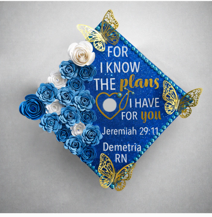 Jeremiah 29:11 Graduation Cap Topper | Nursing Grad Cap Decoration | RN Graduation Cap | Christian Grad Cap Design | Blue Glitter Cap Topper