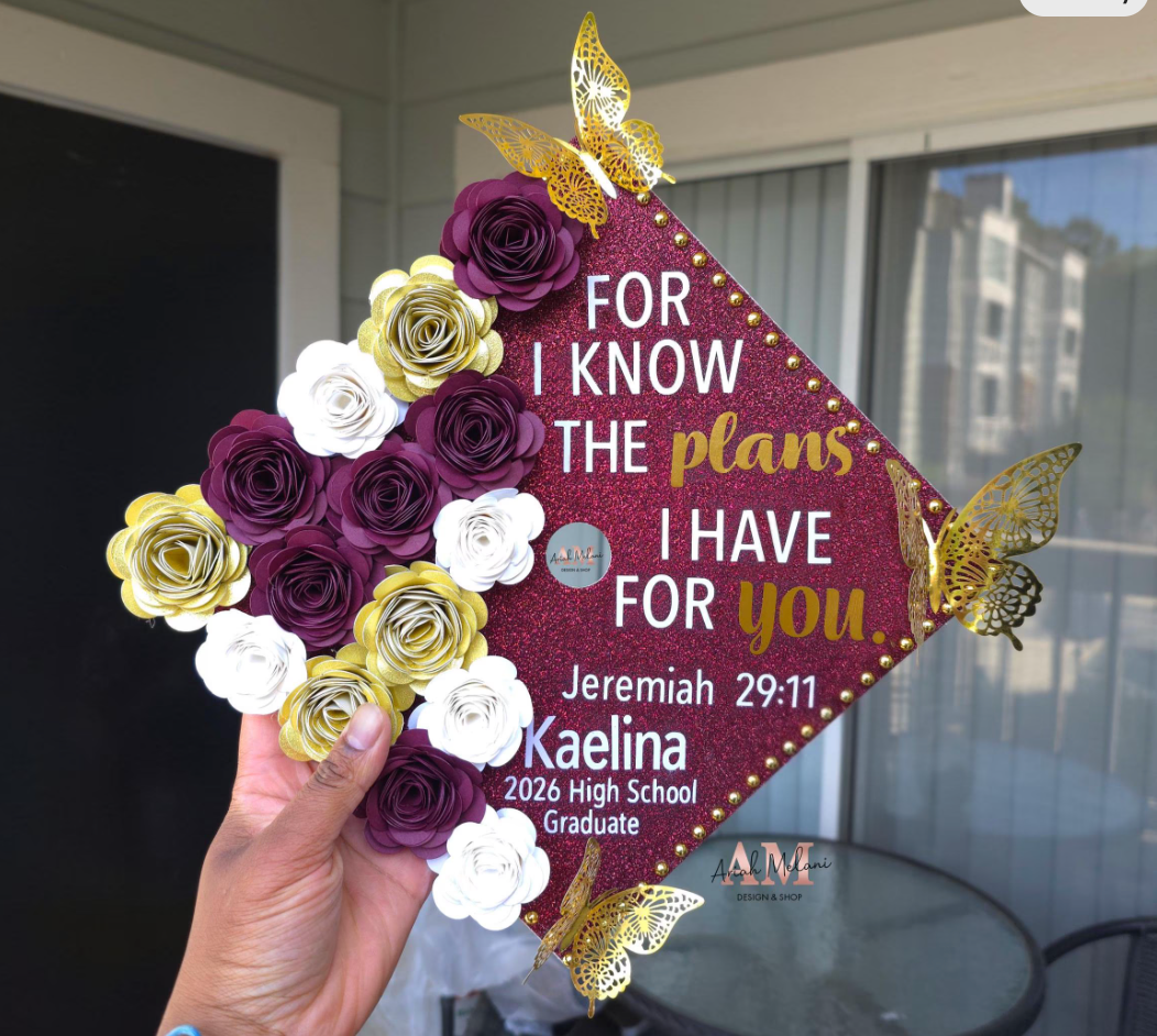 High School Jeremiah 29:11 Graduation Cap Topper | Burgundy & Gold Grad Cap Decoration | Custom High School Graduation Cap | Christian Senior Grad Cap Design