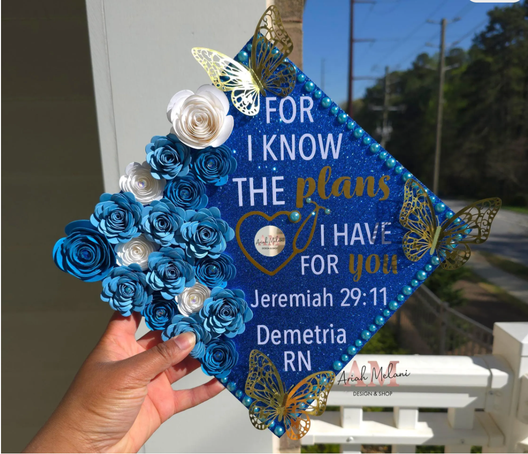 Jeremiah 29:11 Graduation Cap Topper | Nursing Grad Cap Decoration | RN Graduation Cap | Christian Grad Cap Design | Blue Glitter Cap Topper